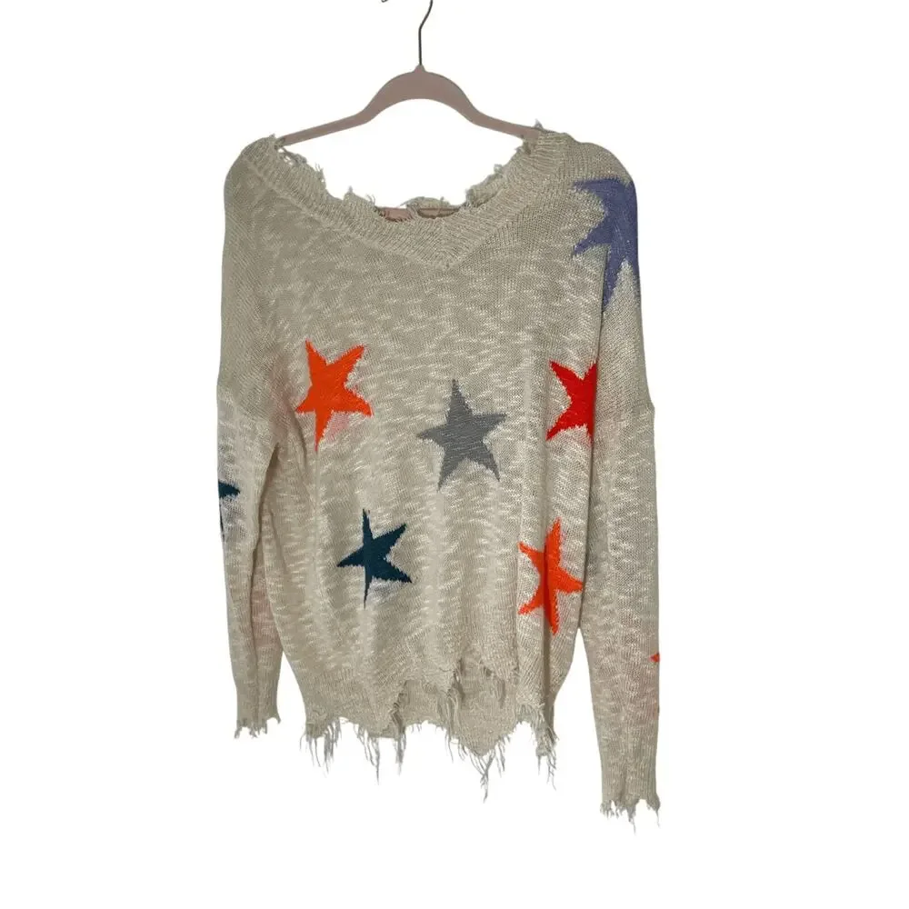 Main Strip Star Distressed Sweater Scoopneck Preppy Teacher Funky Oversized M